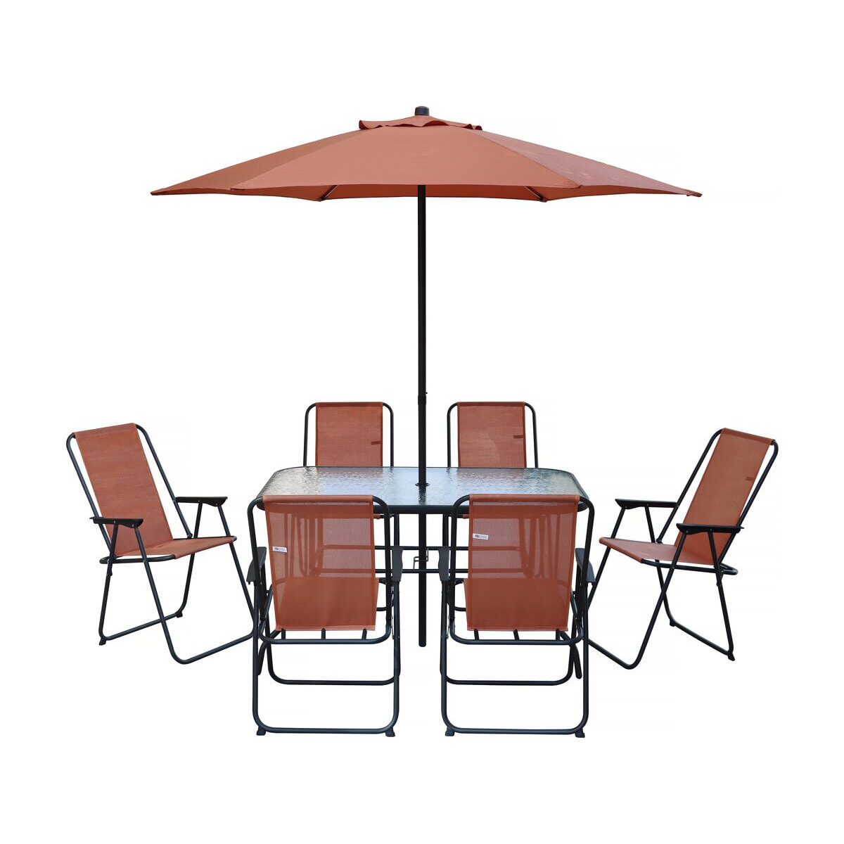 Table et chaises de jardin avec parasol en métal "Convivia" - 6 places - Terracotta