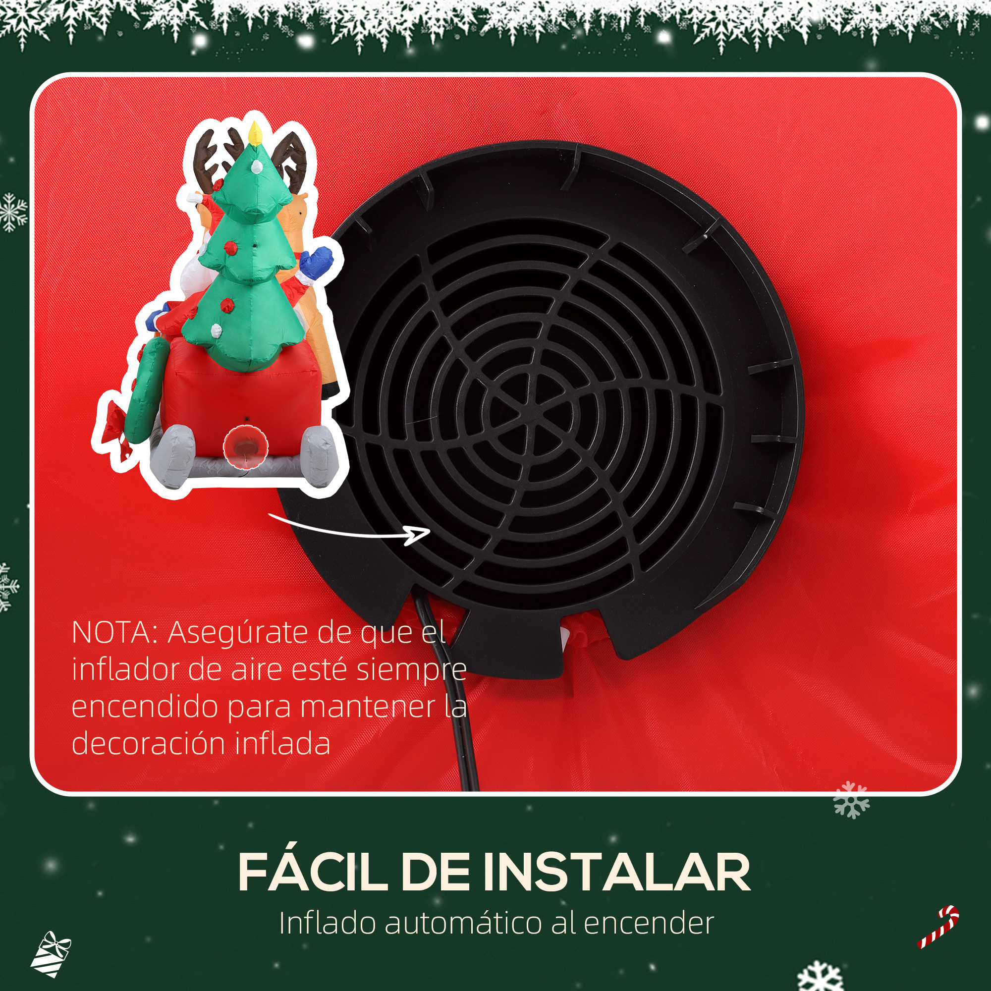 Papá Noel Hinchable con Trineo, Renos y Árbol, Inflables de Navidad con Luces LED, Decoración de Navidad para Exterior e Interior, 216x90x150 cm