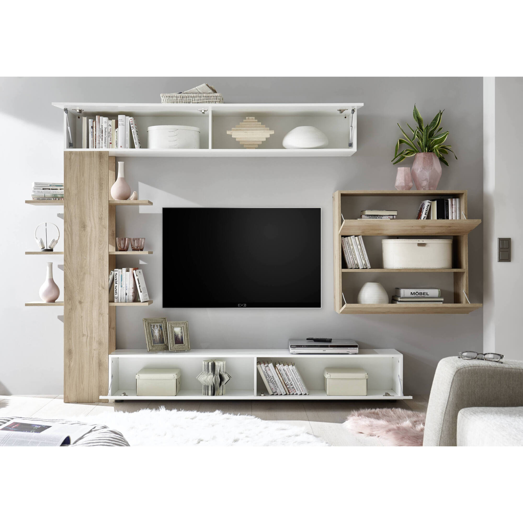Parete attrezzata Aragosta, Composizione soggiorno, Mobile salotto multiuso, Armadio porta TV, Made in Italy, 295x30 h187 cm, Bianco lucido e Rovere