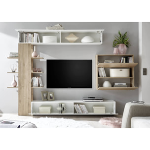 Parete attrezzata Aragosta, Composizione soggiorno, Mobile salotto multiuso, Armadio porta TV, Made in Italy, 295x30 h187 cm, Bianco lucido e Rovere