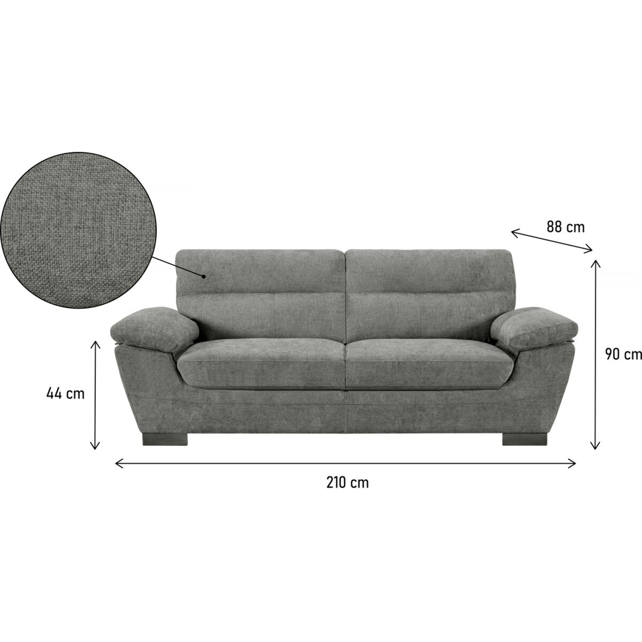 Canapé fixe en tissu "Dallas" - 210 X 88 X 90 cm - 3 places - Gris