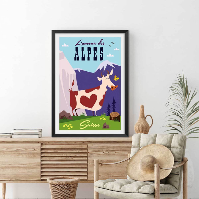 Poster de l'amour des alpes suisse Affiche + cadre en bois - Noir