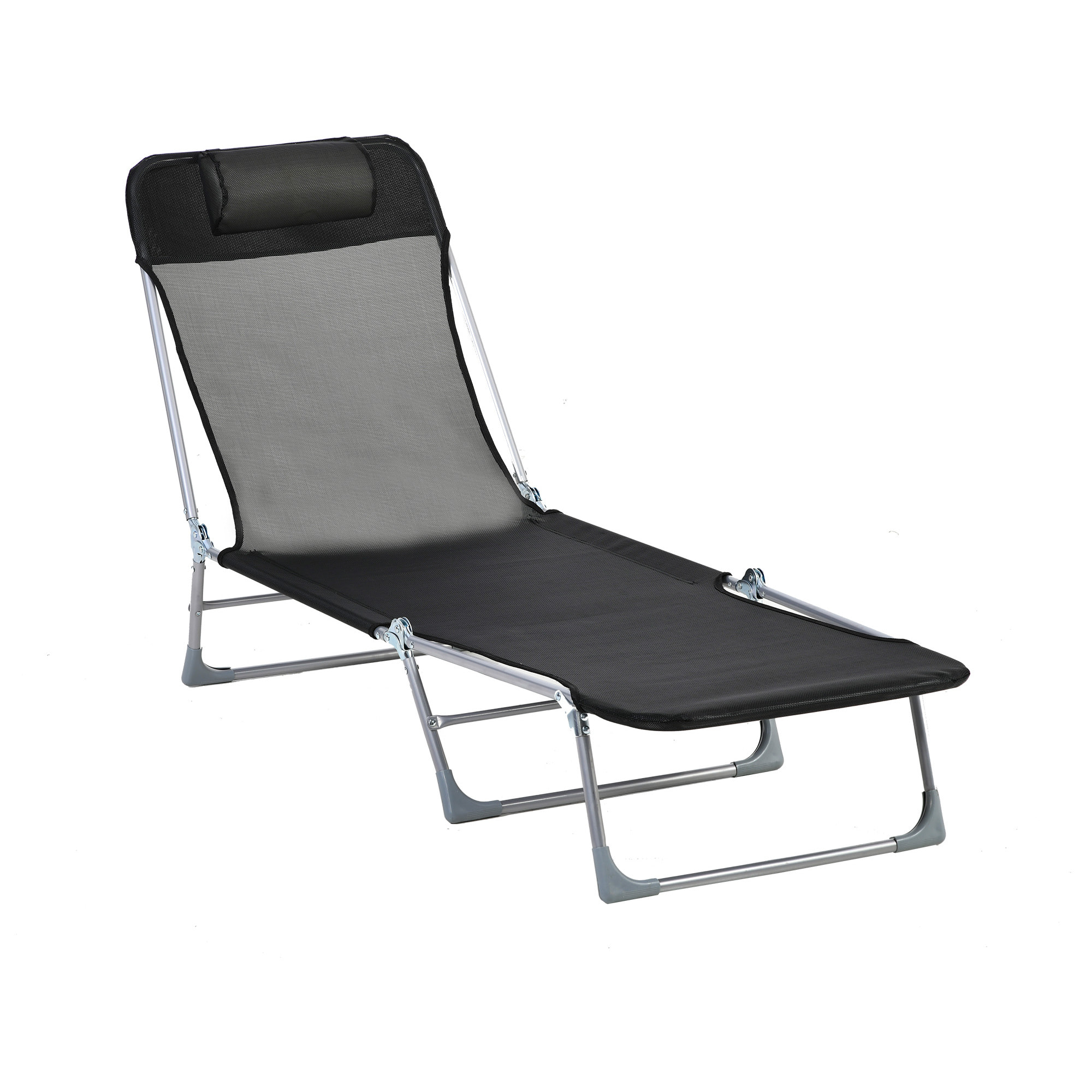 Tumbona Plegable y Reclinable con Reposacabezas y Respaldo Ajustable Negro