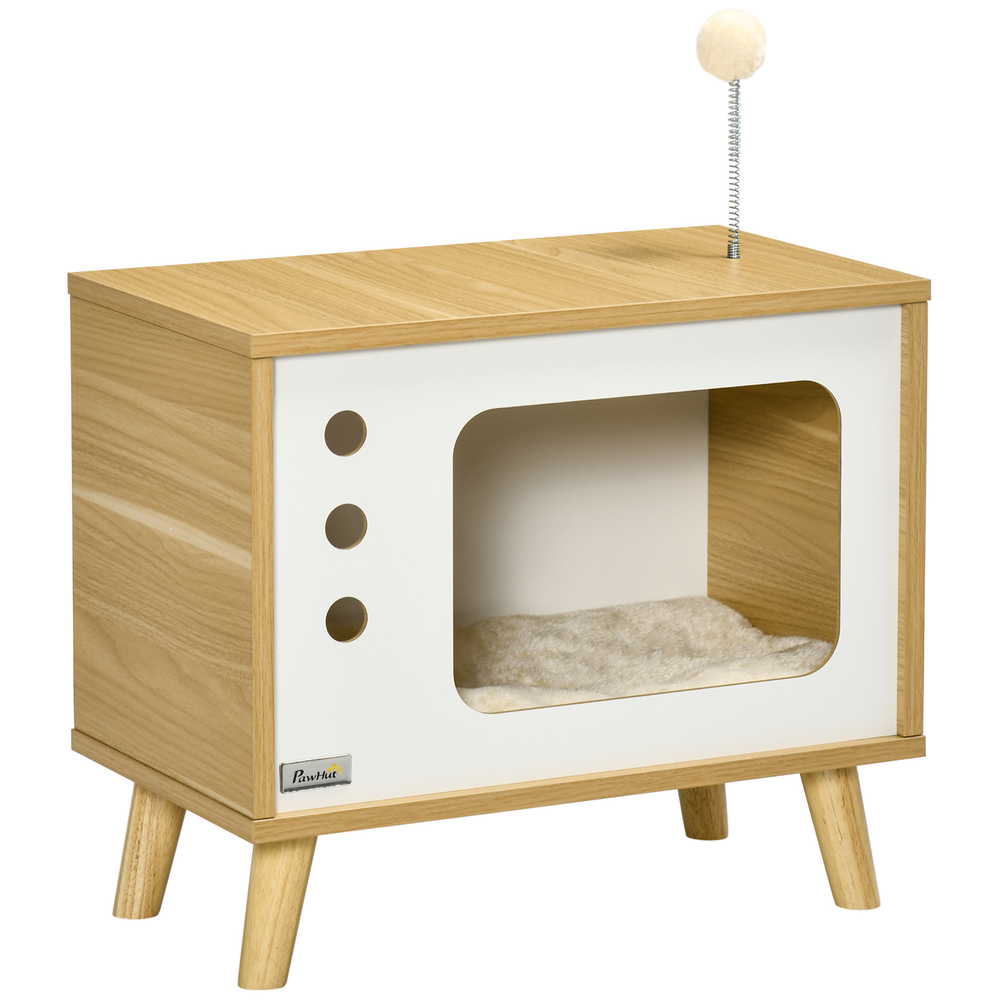 Cama Cueva de Gatos Mesa Auxiliar Estilo Televisor con Cojín Bola 50x28x43 cm