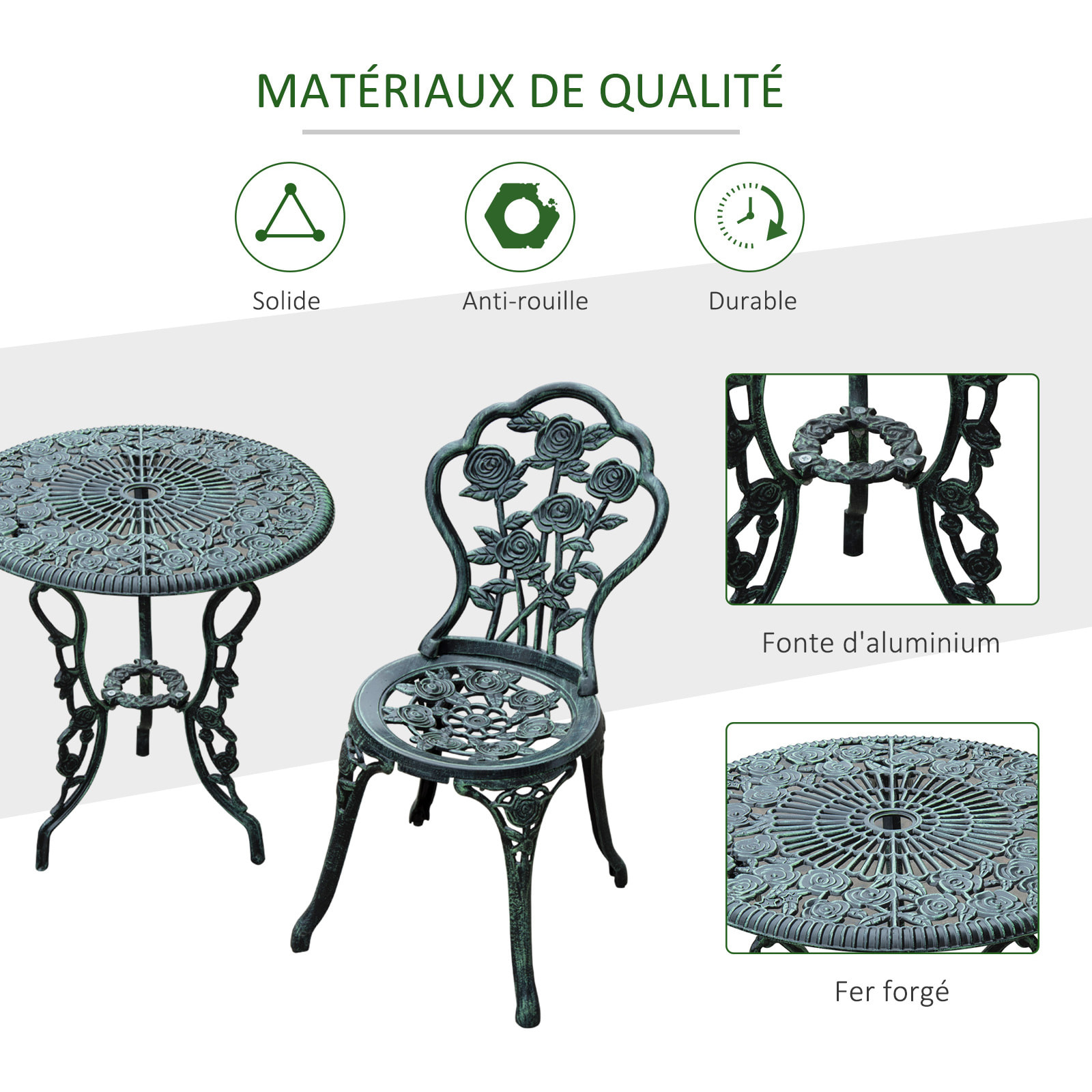 Salon de jardin 2 places – Style néo-rétro – Table ronde incluse