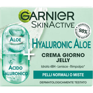 Crema Giorno Idratante Lenitiva Rimpolpante SkinActive Jelly Hyaluronic Aloe 48H con Aloe Vera Acido Ialuronico Glicerina per Pelli Normali o Miste - Barattolo da 50ml