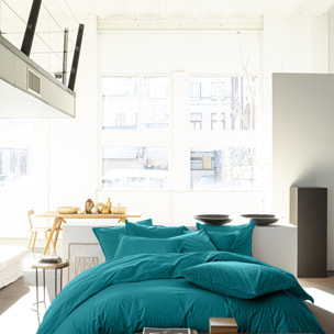 Housse De Couette 100% Percale De Coton Lavé Bleu Canard