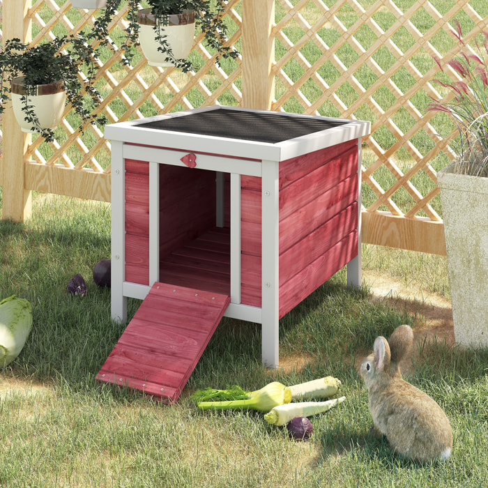 Clapier lapin niche sur pied - rampe porte verrouillable, toit ouvrant bitumé incliné - bois rouge blanc