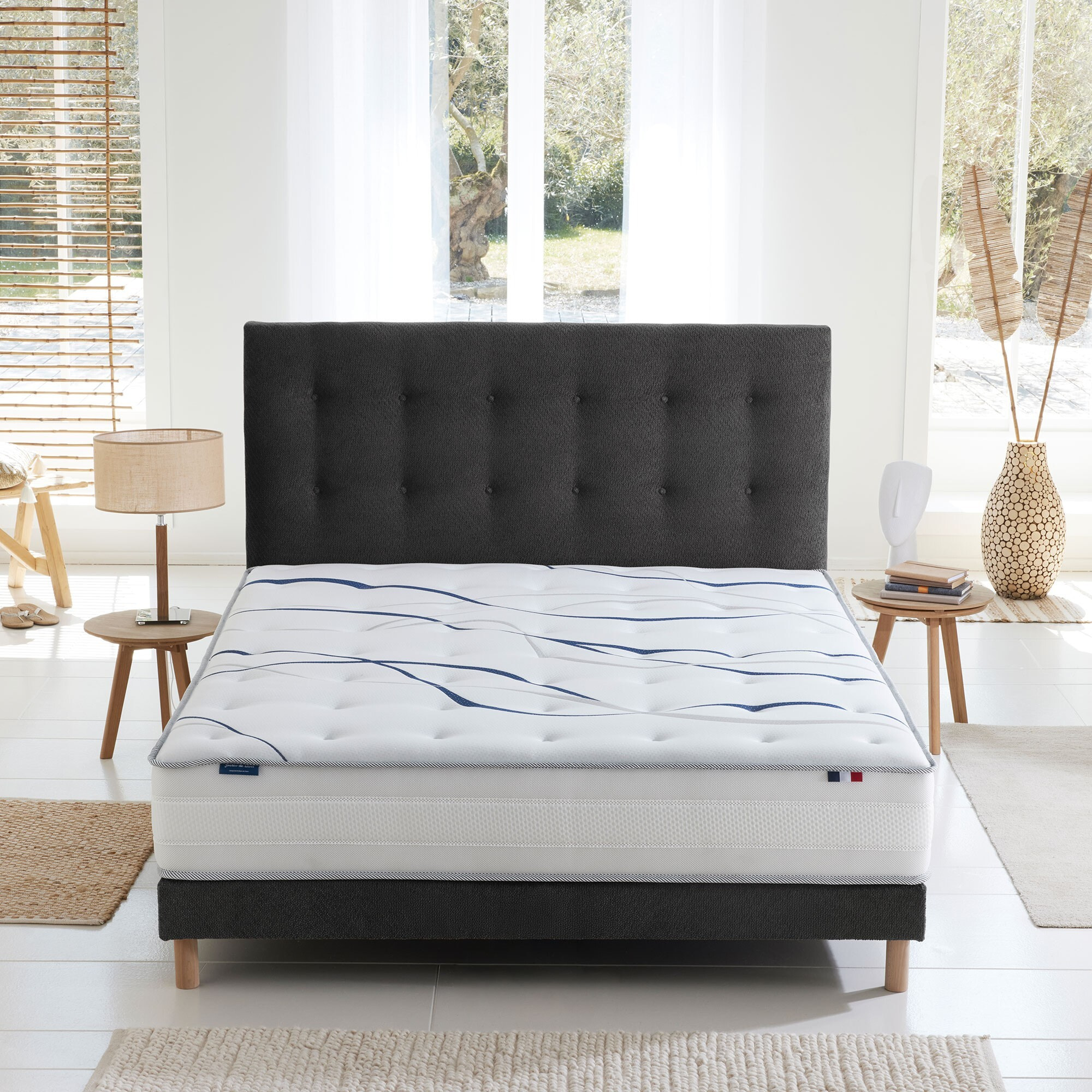 Ensemble matelas mousse HD NUVIA + sommier + tête de lit, chenille bouclettes Gris anthracite