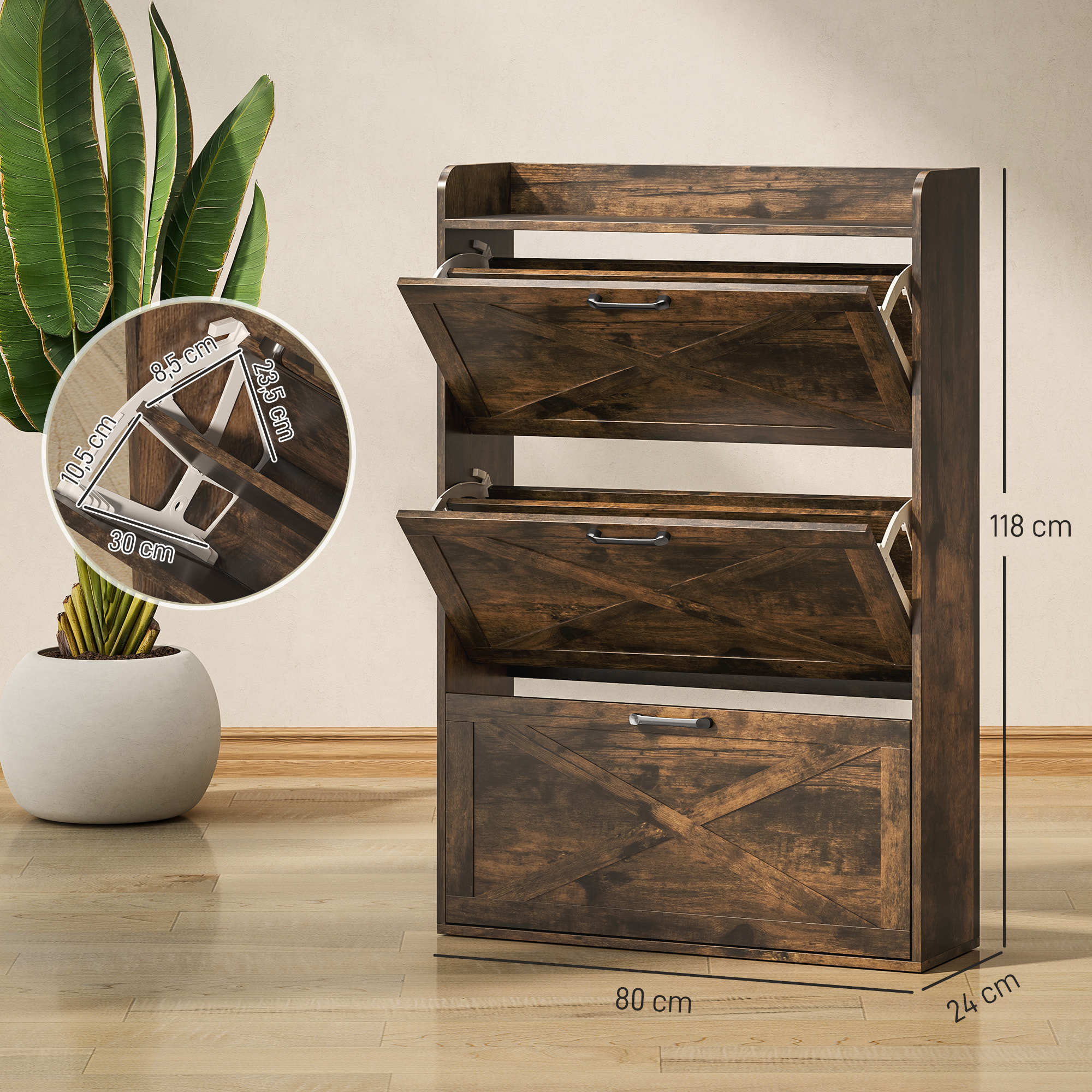 Mueble Zapatero de 3 Puertas Zapatero Estrecho con Estantes Ajustables Estilo Industrial para 24 Pares de Zapatos Mueble Auxiliar para Recibidor Entrada 80x24x118 cm Marrón Rústico