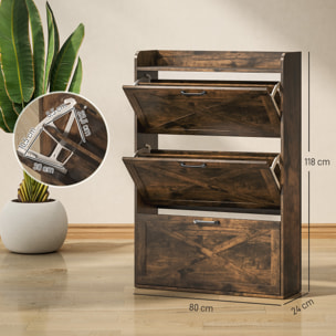 Mueble Zapatero de 3 Puertas Zapatero Estrecho con Estantes Ajustables Estilo Industrial para 24 Pares de Zapatos Mueble Auxiliar para Recibidor Entrada 80x24x118 cm Marrón Rústico