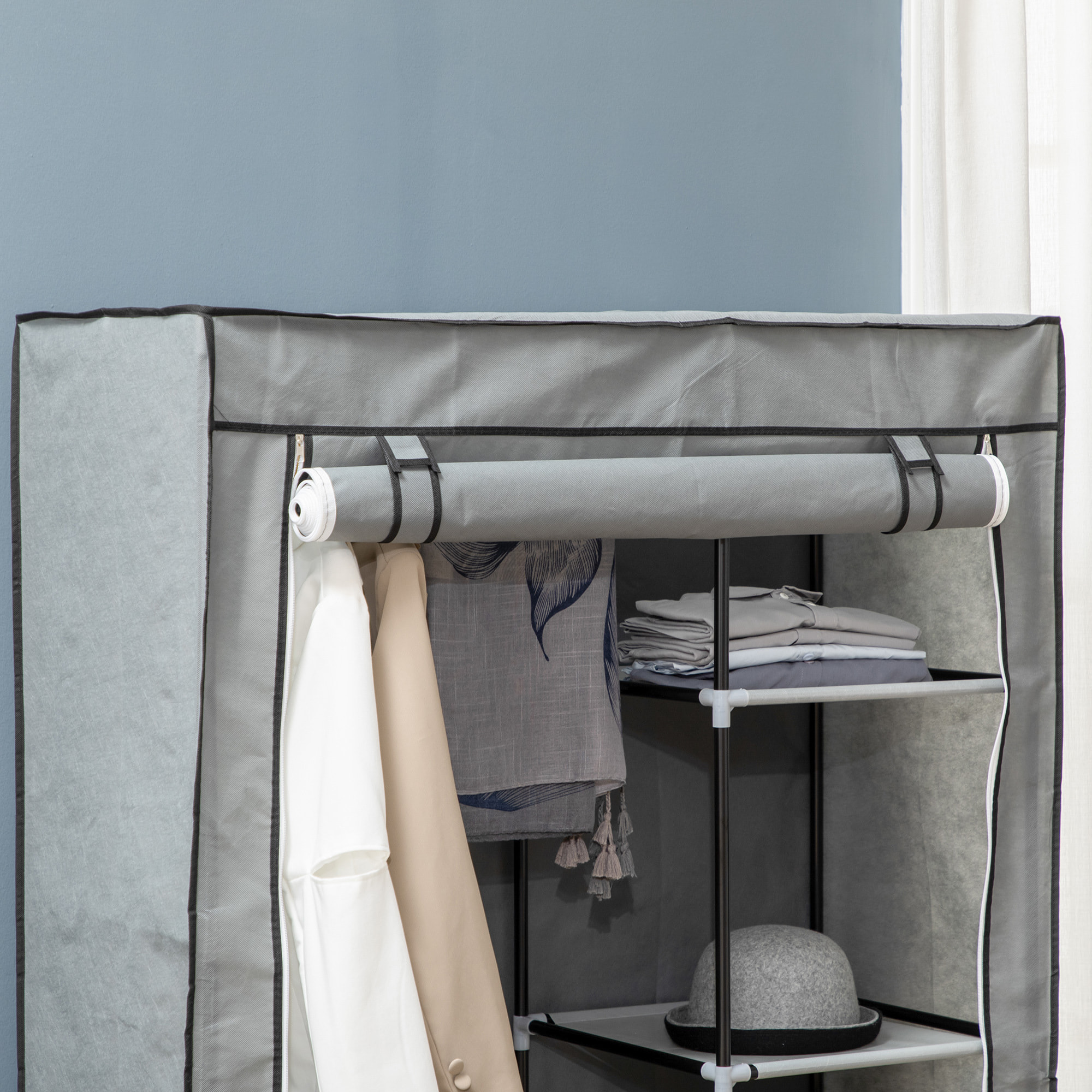 HOMCOM Armario de Tela Plegable Armario de Ropa Organizador Ropero Portátil con 6 Estantes y 1 Barra para Colgar para Dormitorio Vestidor 103x43x162,5 cm Gris