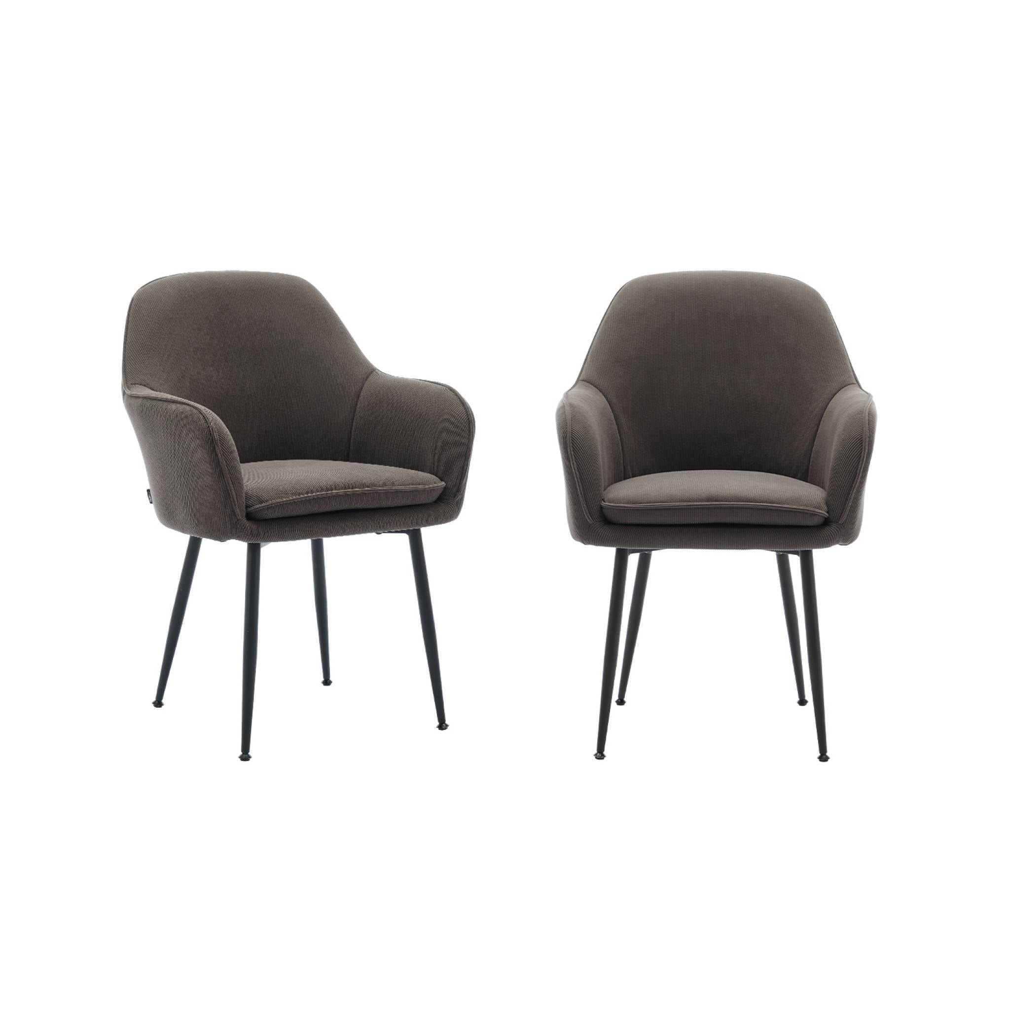 Lot de 2 fauteuils en velours côtelé gris foncé et pieds en métal noir mat. L 57 x P 59 x H 84.5