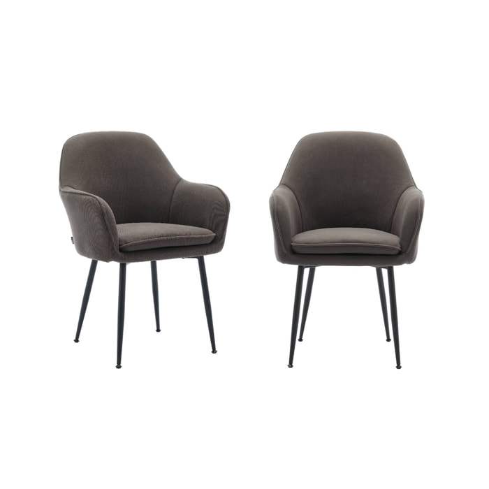 Lot de 2 fauteuils en velours côtelé gris foncé et pieds en métal noir mat. L 57 x P 59 x H 84.5