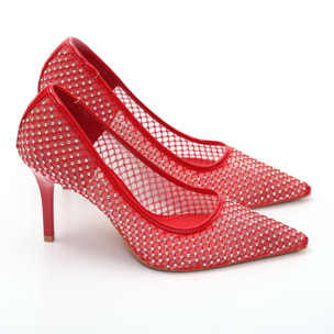 Dècolletè pumps in simil pelle con tomaia bucherellata ricoperta di strass