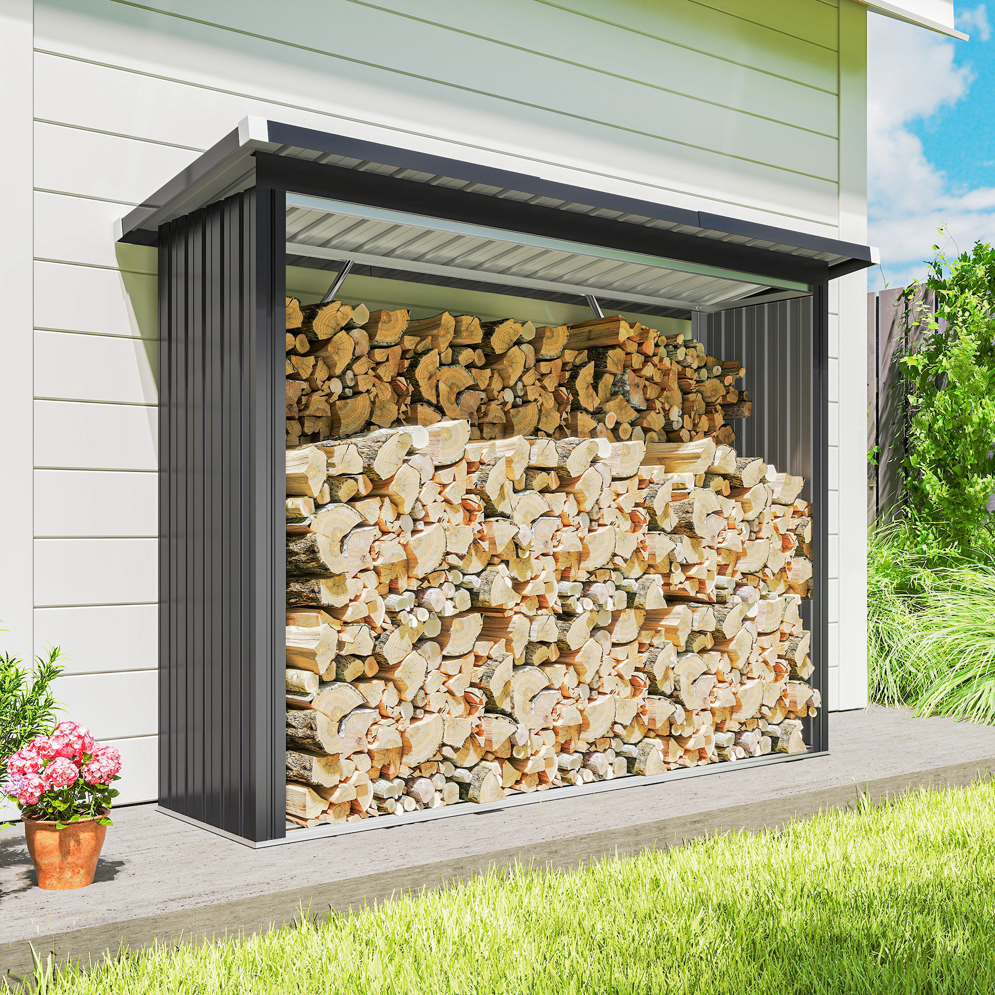 Casetilla para Leña de Acero Galvanizado, Cobertizo Leñero Exterior de Almacenamiento de Troncos, con Base Elevada y Techo Inclinado, 213x66,5x150 cm, Gris Oscuro
