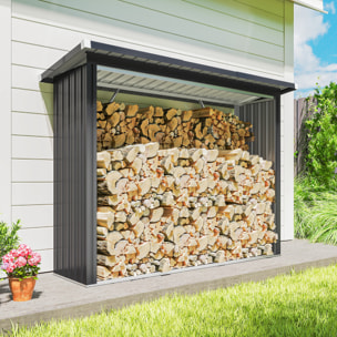 Casetilla para Leña de Acero Galvanizado, Cobertizo Leñero Exterior de Almacenamiento de Troncos, con Base Elevada y Techo Inclinado, 213x66,5x150 cm, Gris Oscuro