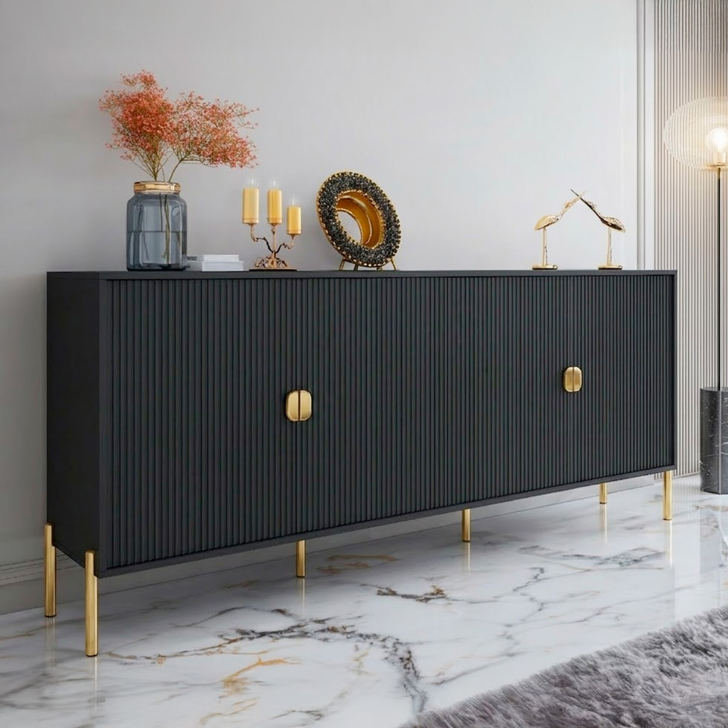 Madia Moderna Credenza In Melaminico Opaco Con 4 Ante E Piedini Alti Mobile Contenitore Design Soggiorno Salotto Sala Pranzo 203 x 49 x 87 Cm Nero
