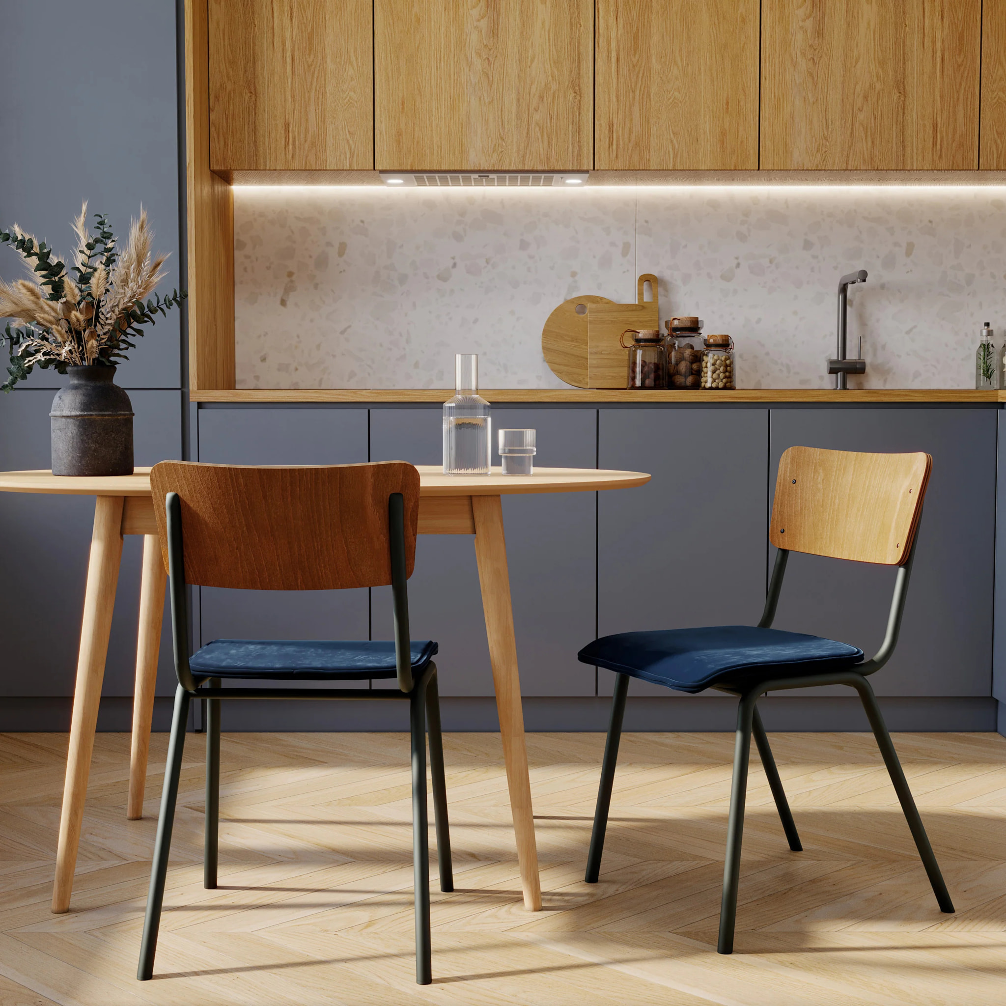Lot de 2 chaises en bois foncé et velours bleu - Nico