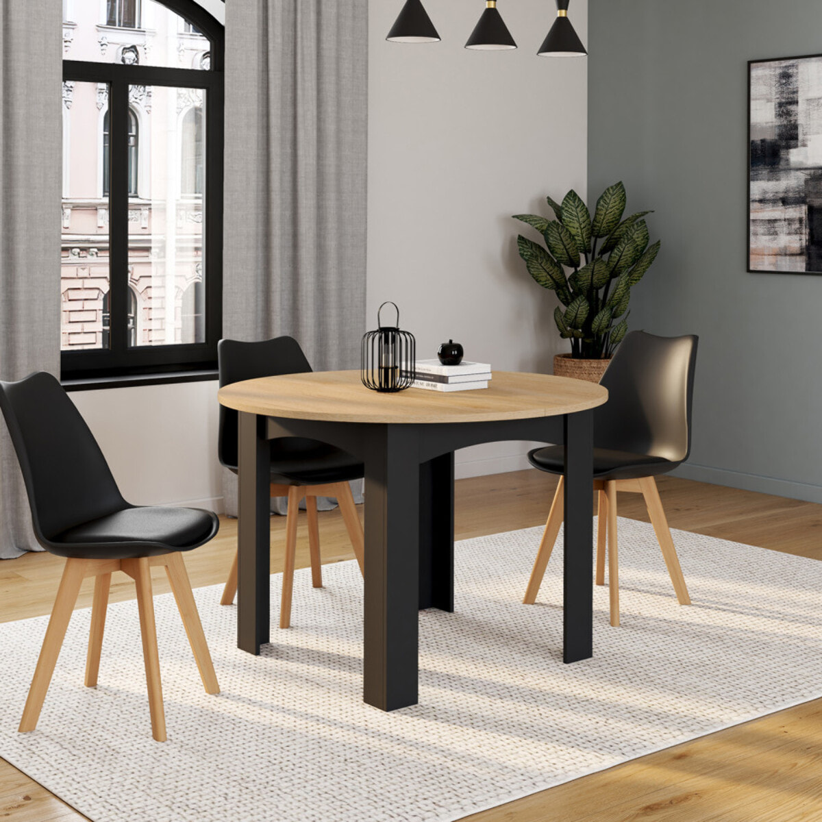 Table à manger ronde extensible Dina bois et noir Ø110-150cm