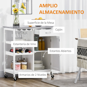 HOMCOM Carro de Cocina con Ruedas Carrito de Servicio con 1 Cajón Estantes Extraíbles Botellero para 4 Botellas y Armario para Comedor Salón Carga 40 kg 76x48x88 cm Blanco