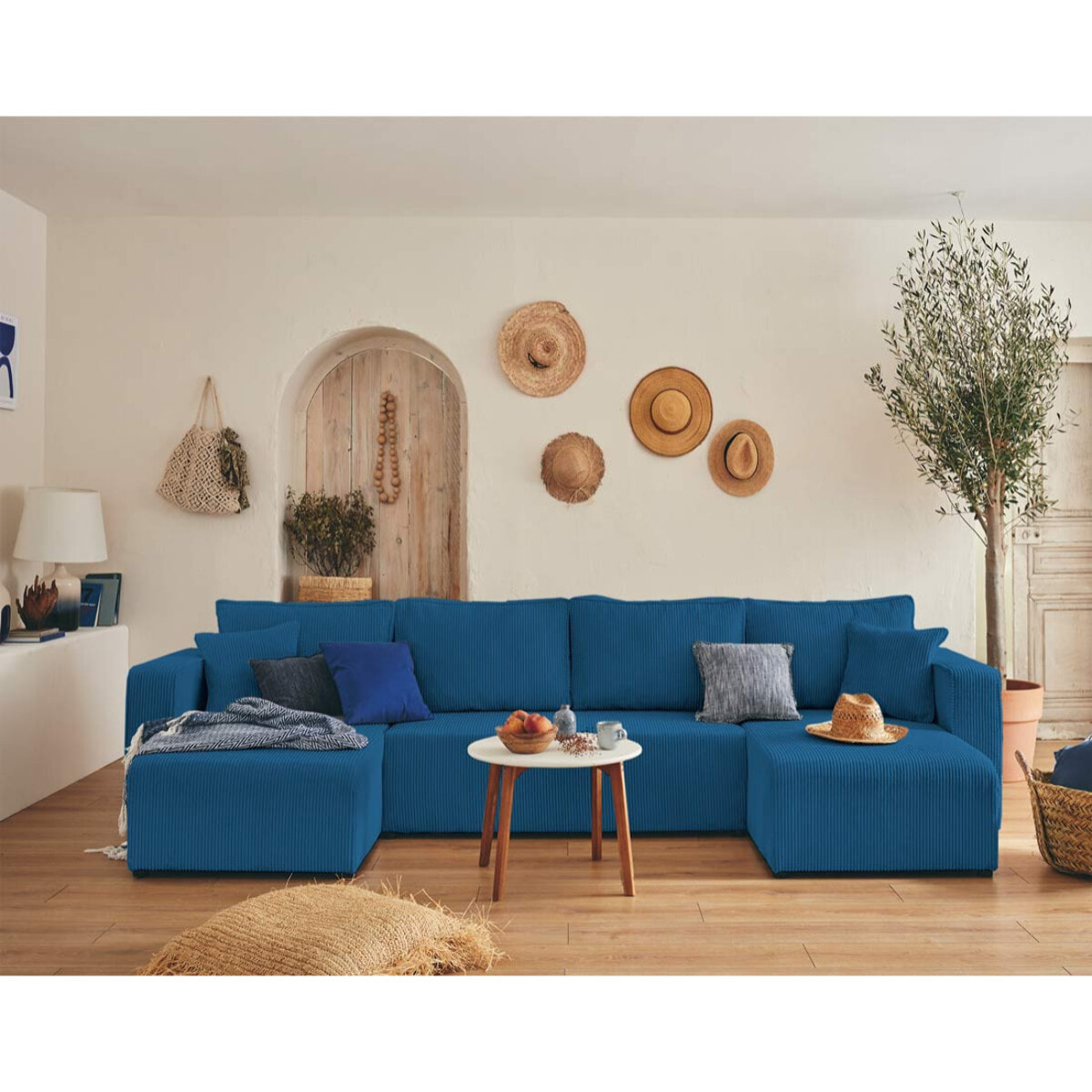 Topaze - canapé panoramique en U - 7 places - convertible avec coffre - en velours côtelé - Bleu Ardoise