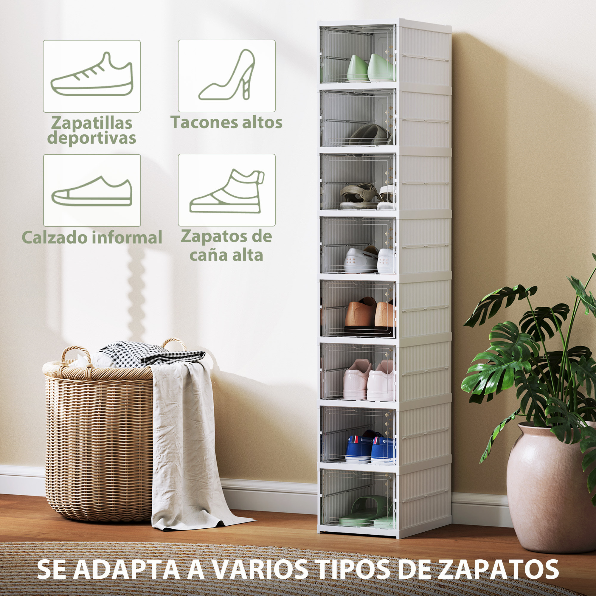 Cajas para Zapatos Apilables, Juego de 8 Organizadores para Zapatos Portátil, Zapatero Plegable con Puertas Transparentes, hasta Talla 43, No Requiere Montaje, Blanco