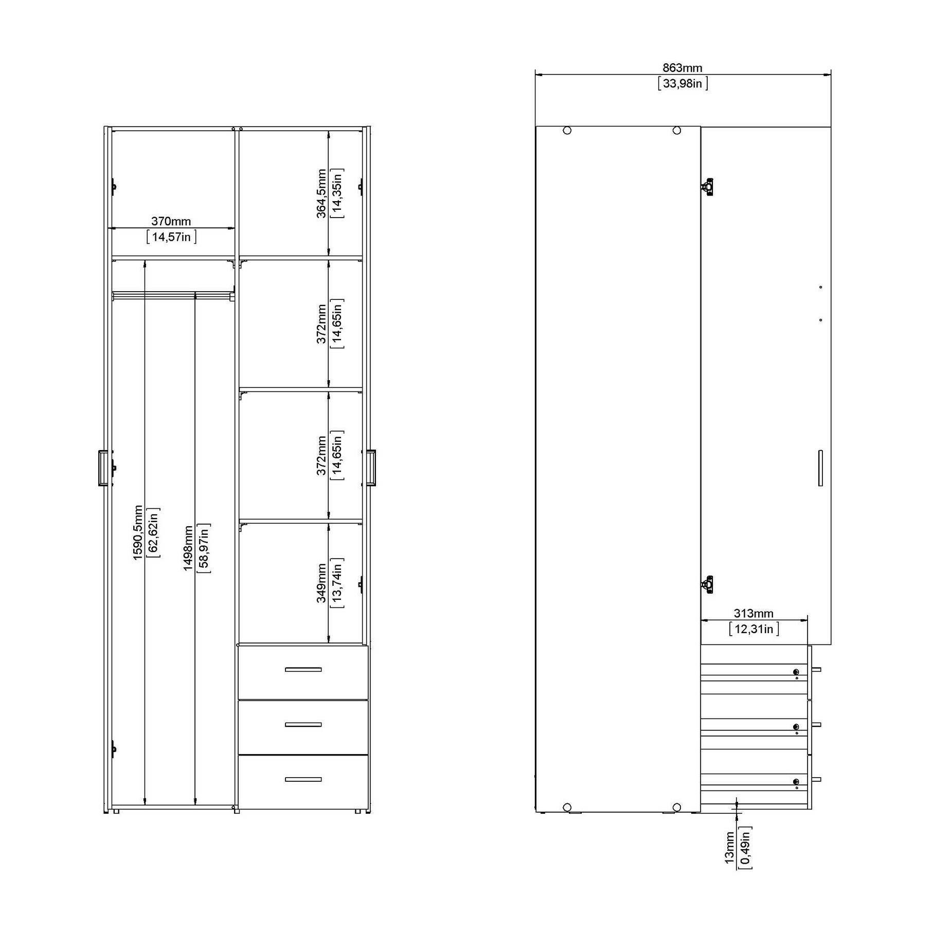 Armadio guardaroba a due ante e tre cassetti, colore bianco, Misure 77 x 200 x 49,5 cm