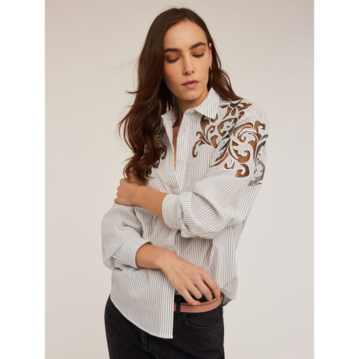 Motivi - Camisa de rayas con bordado de tul - Blanco