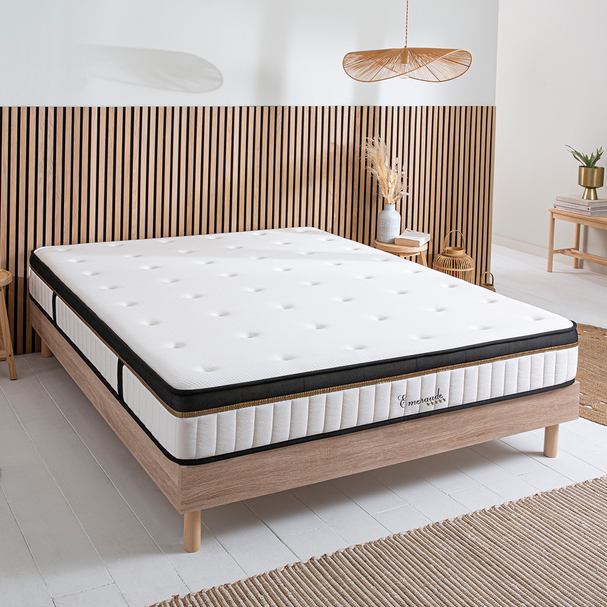 Ensemble Matelas Émeraude & Sommier Kit Bois, Mémoire de Forme & Air System, 25 cm, Accueil Moelleux, Soutien Ferme, Lattes Actives