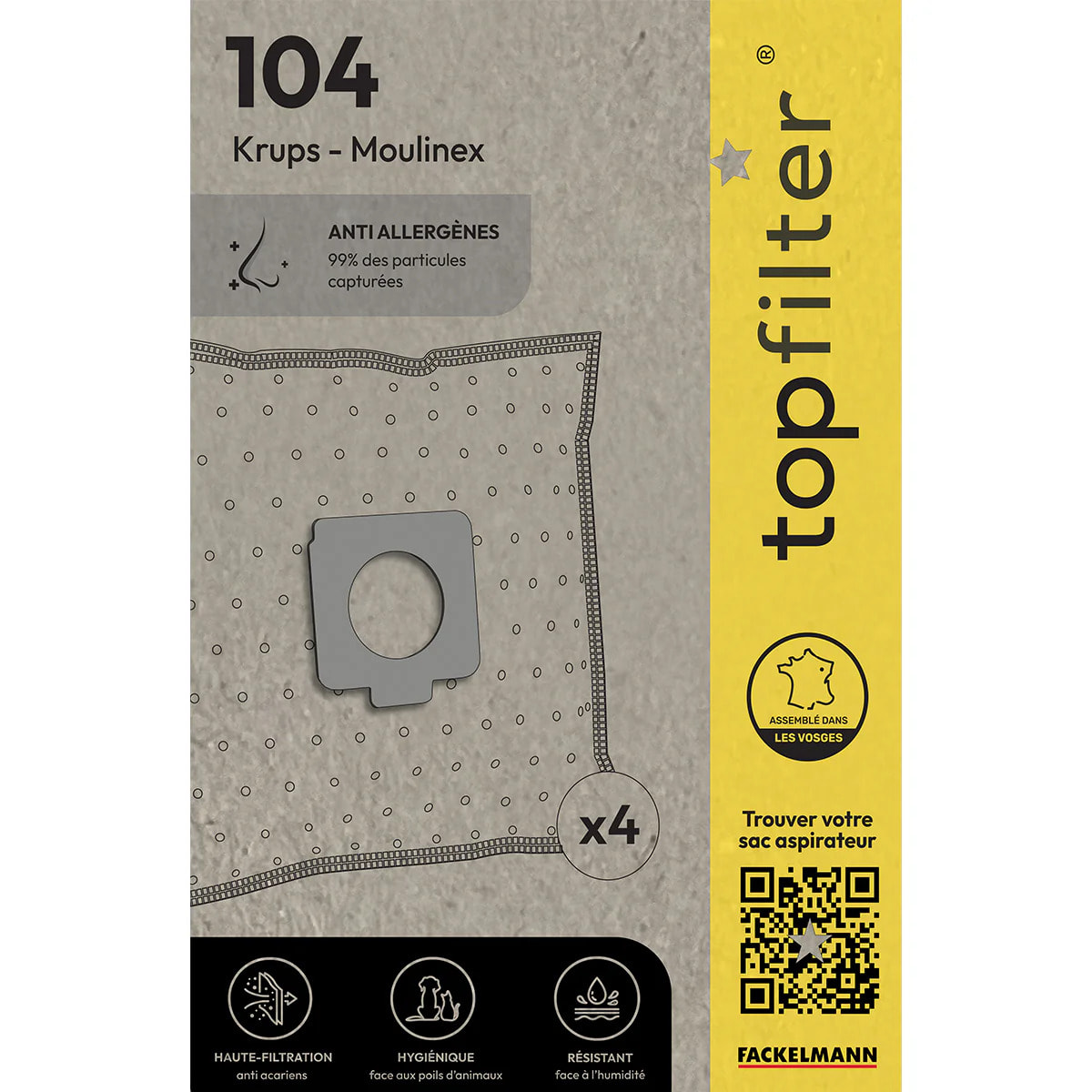 Lot de 4 sacs aspirateur pour Moulinex Krups TopFilter Premium