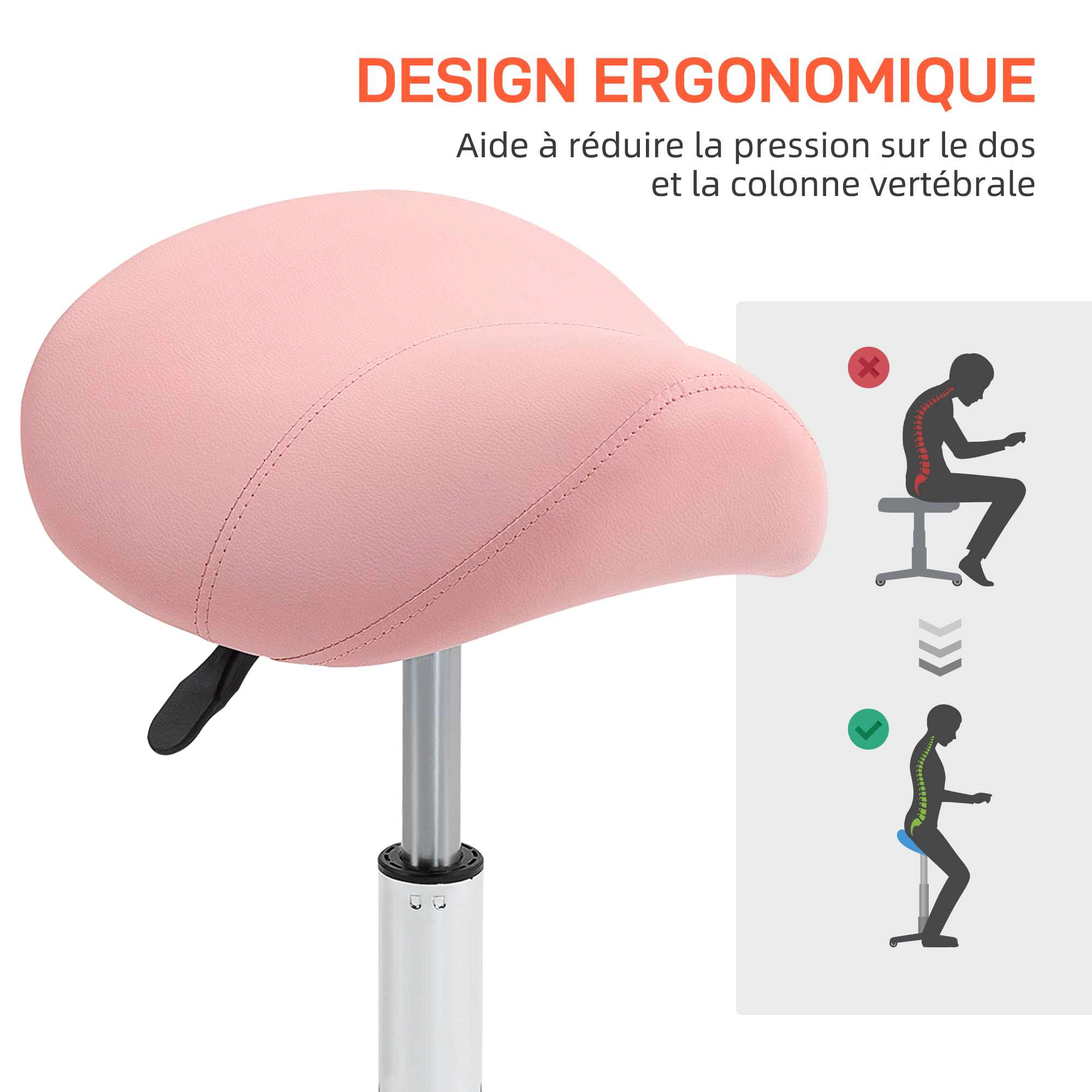 Tabouret de massage tabouret selle ergonomique pivotant 360° hauteur réglable revêtement synthétique rose chromé