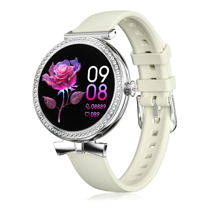 DAM Smartwatch QS01 compacto y elegante. Llamadas BT, notificaciones push. Monitor de salud, ciclos femeninos. Modos deportivos. 4,8x1,2x4,3 Cm. Color: Blanco