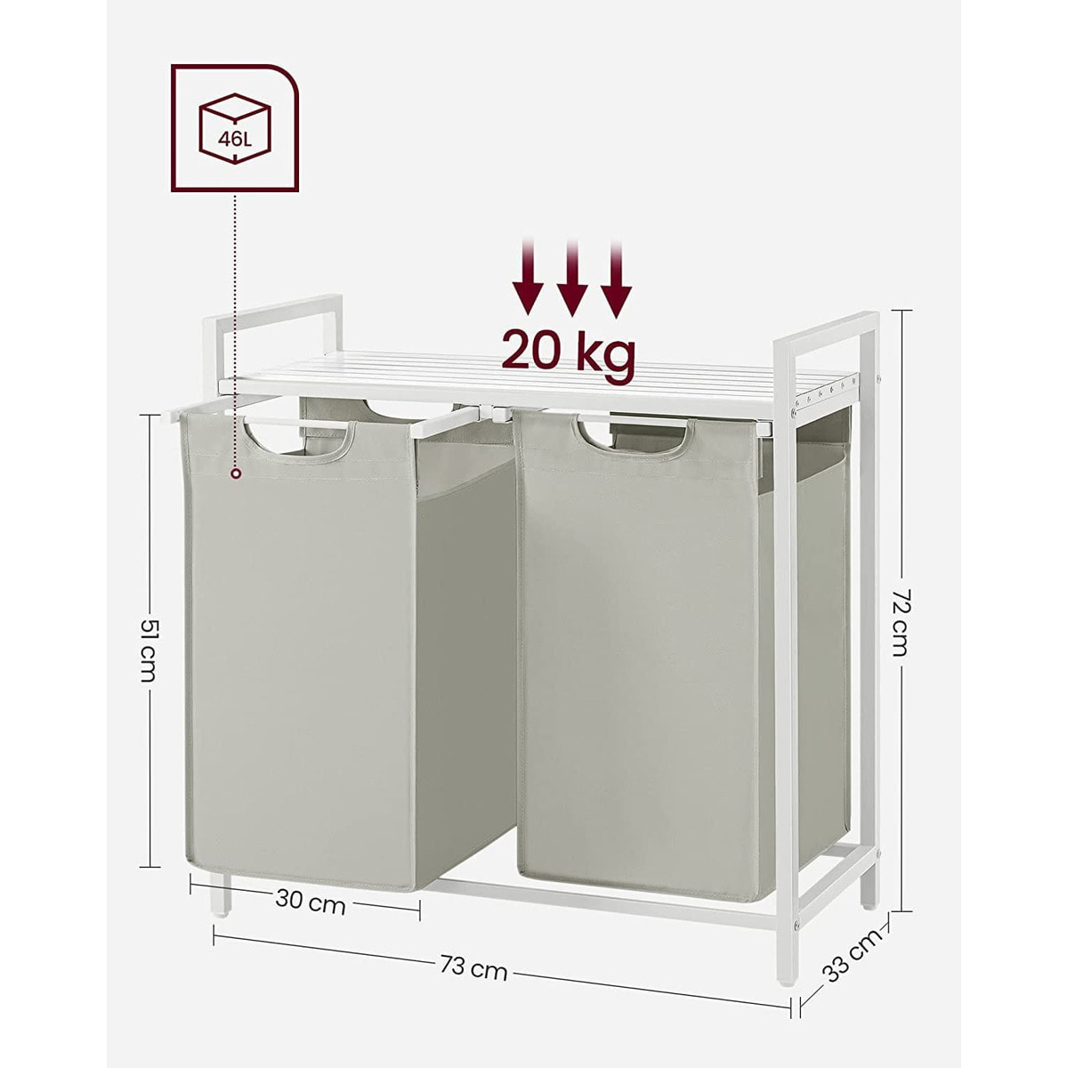 Mobile bagno con doppio cesto portabiancheria bianco
