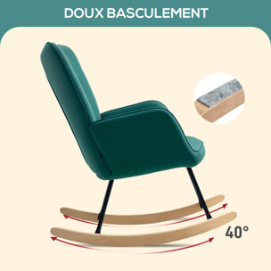 Fauteuil à bascule rocking chair design - structure acier piètement bois effet velours vert