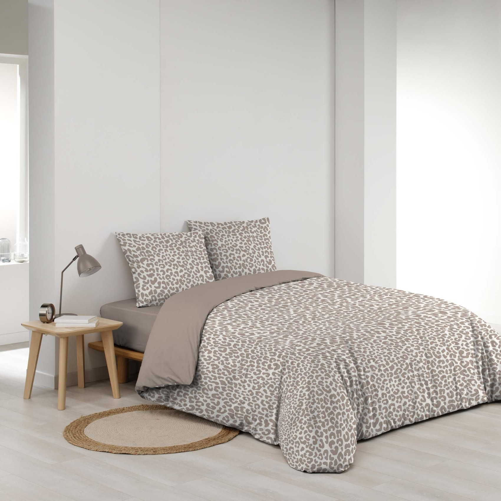 Parure de lit 3 pièces 100 % coton imprimé léopard housse + taies - Naturel