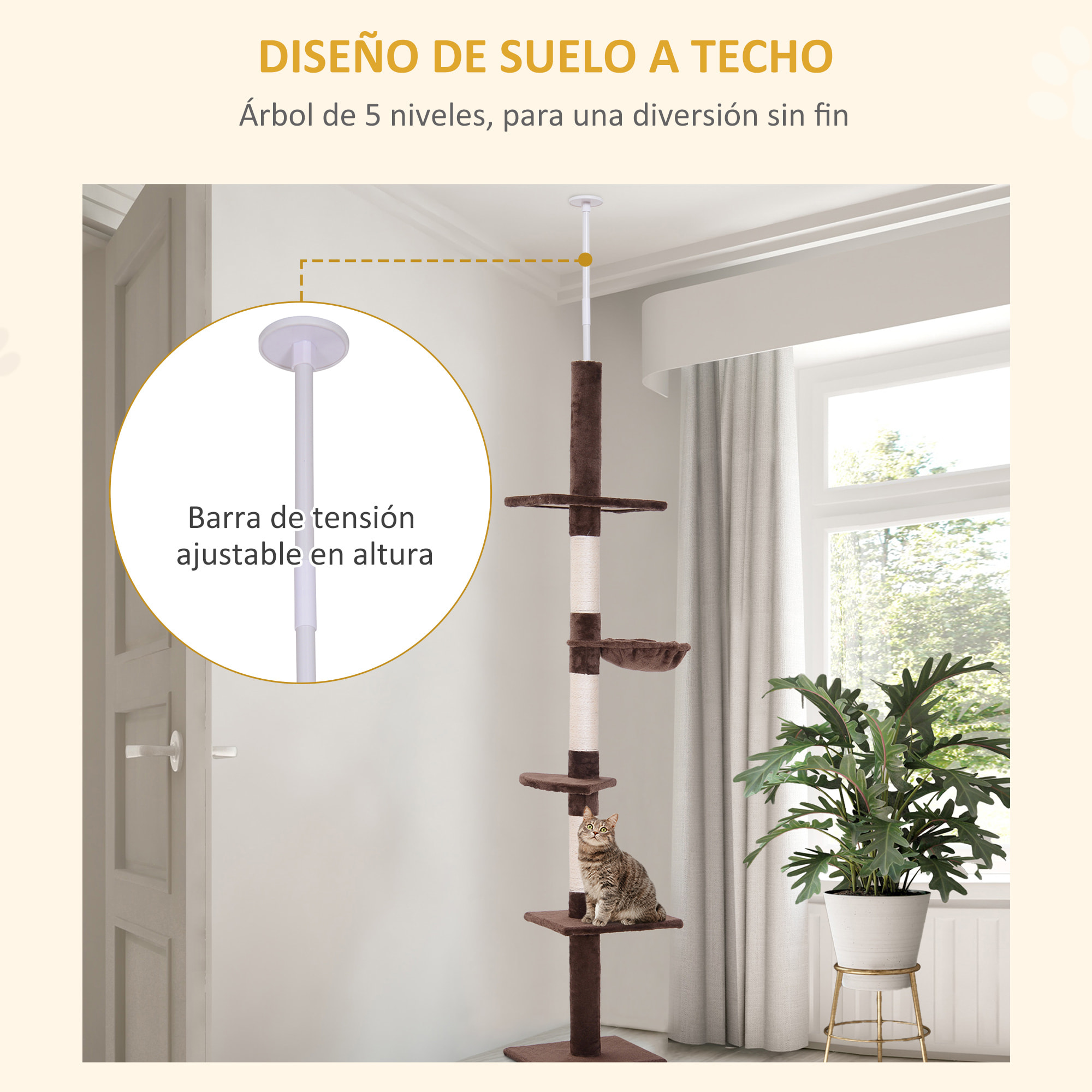 árbol Rascador para Gatos Altura Ajustable 230-260 cm Hamaca Postes Sisal Marrón