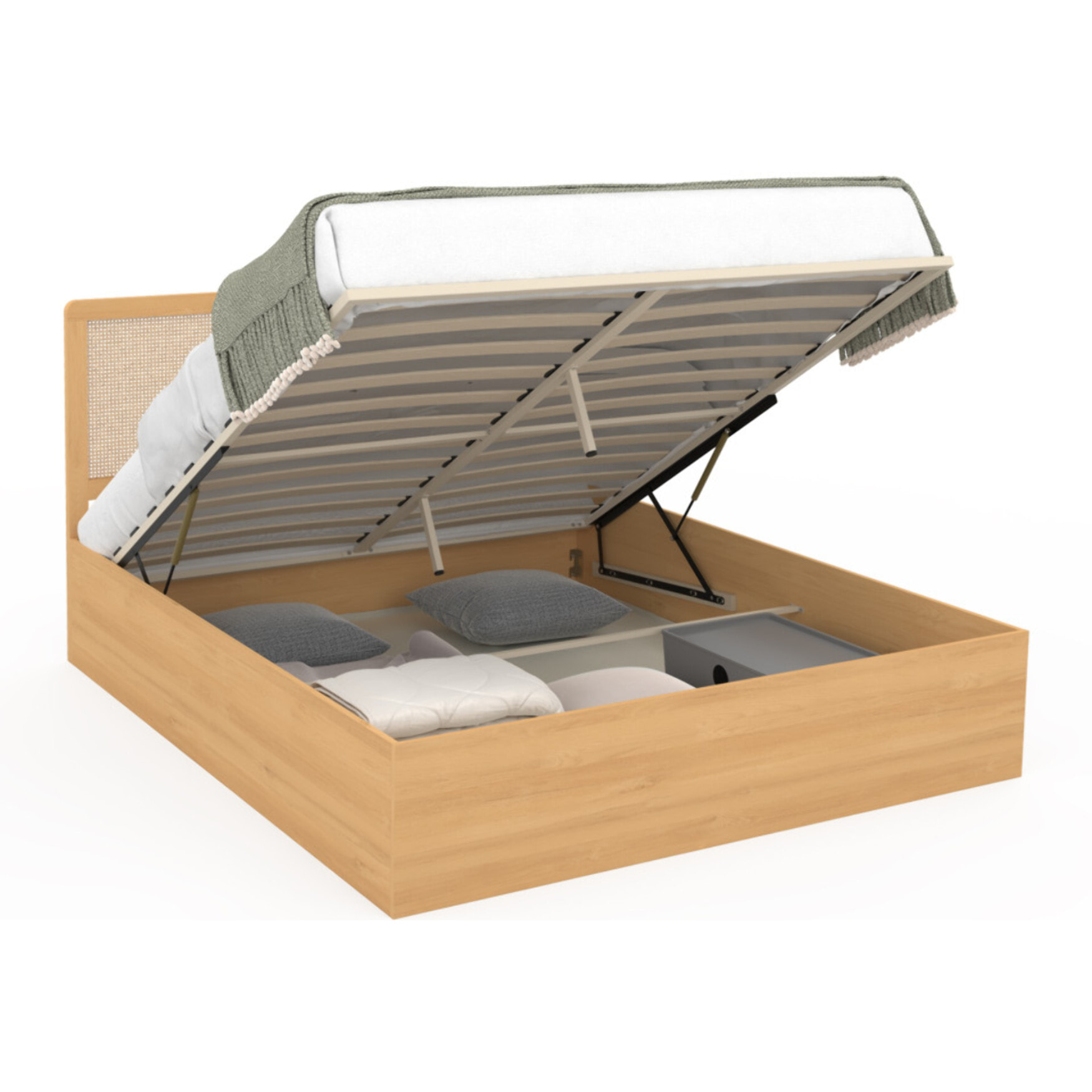 Lit coffre Eve avec sommier et tête de lit en cannage - Bois