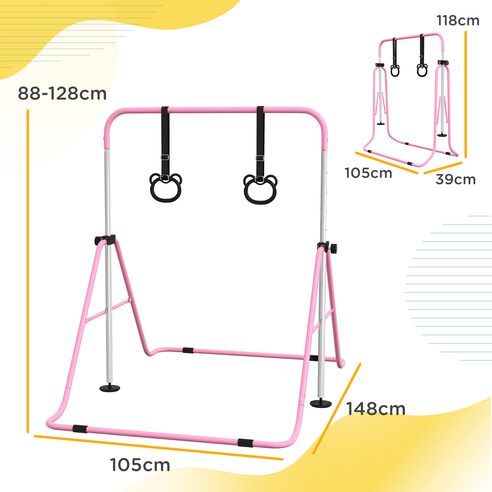 Portique d'anneaux double haubanage hauteur réglable dim. 148L x 105l x 88-128H cm acier rose