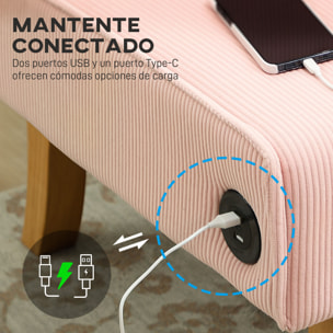 Sofá de 2 Plazas Tapizado en Pana Sofá de Salón sin Brazos con 2 Puertos USB 1 Puerto Tipo-C y Patas de Madera Sofá Pequeño Carga 240 kg 110x60x85 cm Rosa