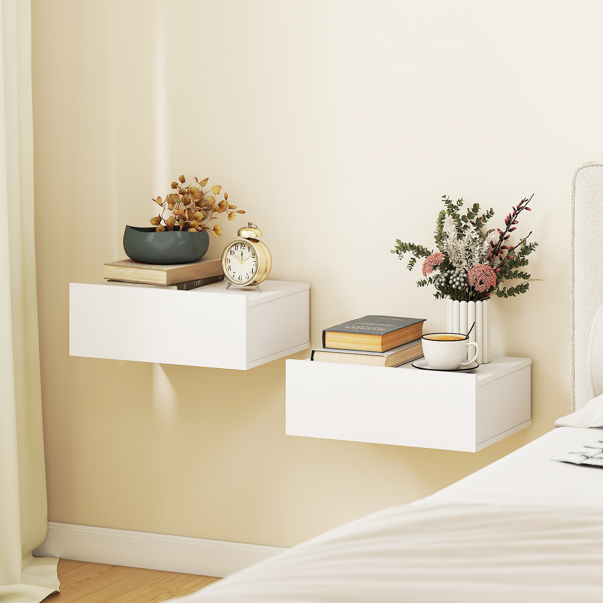 Set de 2 Mesillas de Noche de Pared, Mesitas de Noche Flotantes con 1 Cajón, Mesas Auxiliares para Dormitorio, Habitación Hogar, Diseño Sencillo, 40x30x15 cm, Blanco