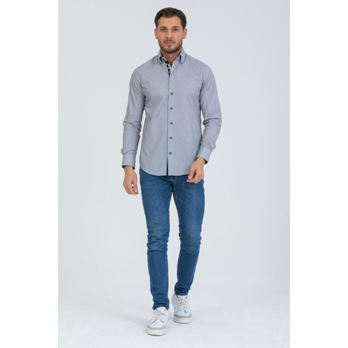 Camicia Uomo 2 Bottoni Button Down Slim Popeline Stampato Bianco/Nero