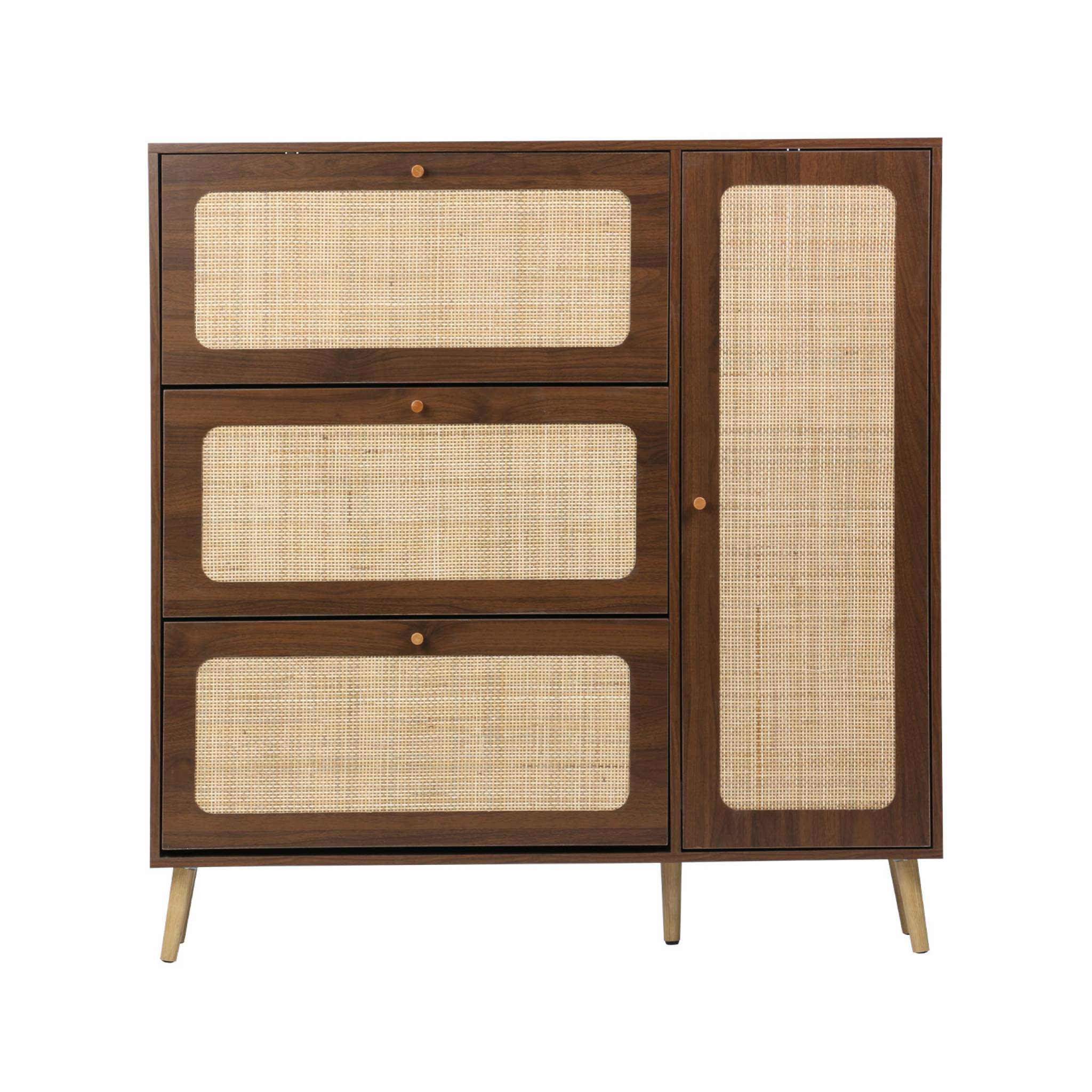 Meuble à chaussure cannage Bohème noyer. 3 abattants. 1 porte. 21 paires. 120 x 24 x 125 cm