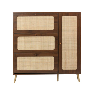 Meuble à chaussure cannage Bohème noyer. 3 abattants. 1 porte. 21 paires. 120 x 24 x 125 cm