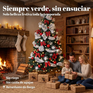 HOMCOM Árbol de Navidad con 200 LED Blanco Cálido 180 cm Árbol de Navidad Predecorado, 800 Ramas Abatibles, 8 Modos, Bolas, Cintas, Lazos, Mando, Base Metálica Plegable, Funciona con USB, Verde y Rojo