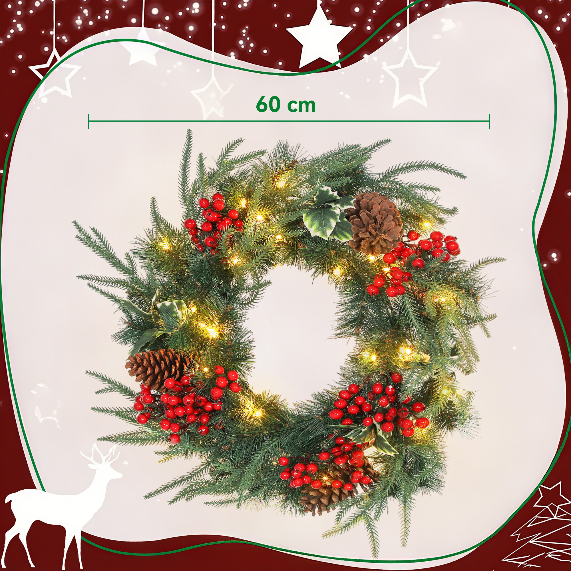 Couronne de Noël LED x 35 blanc chaud dia. 60 cm timer pommes de pin baies rouges feuilles houx