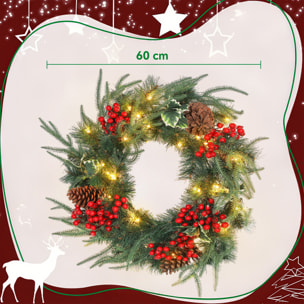 Couronne de Noël LED x 35 blanc chaud dia. 60 cm timer pommes de pin baies rouges feuilles houx