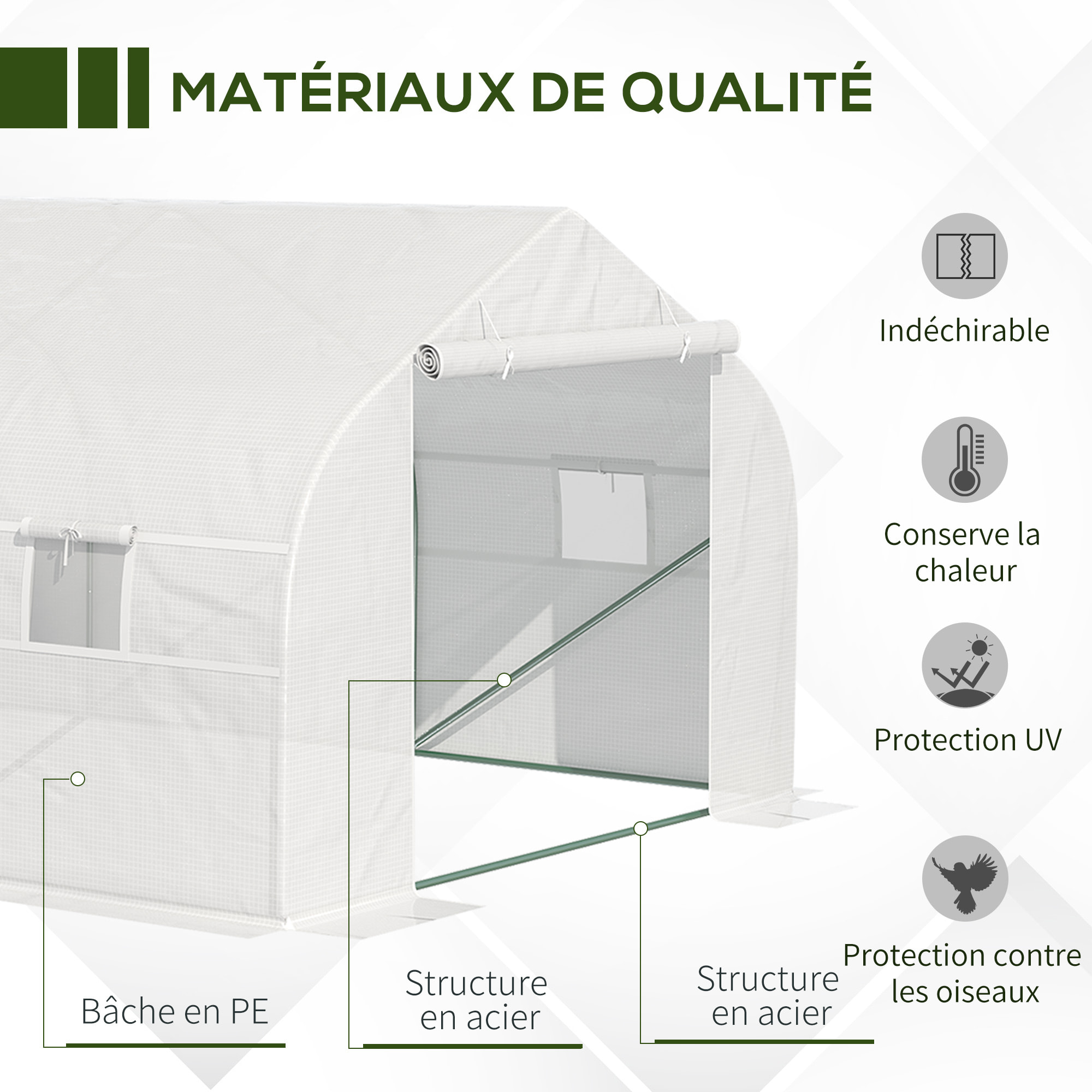 Serre tunnel de jardin dim. 5,93L x 3l x 2H m porte + 8 fenêtres enroulables acier galvanisé bâche PE haute densité blanc