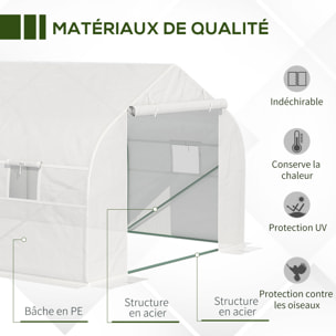 Serre tunnel de jardin dim. 5,93L x 3l x 2H m porte + 8 fenêtres enroulables acier galvanisé bâche PE haute densité blanc