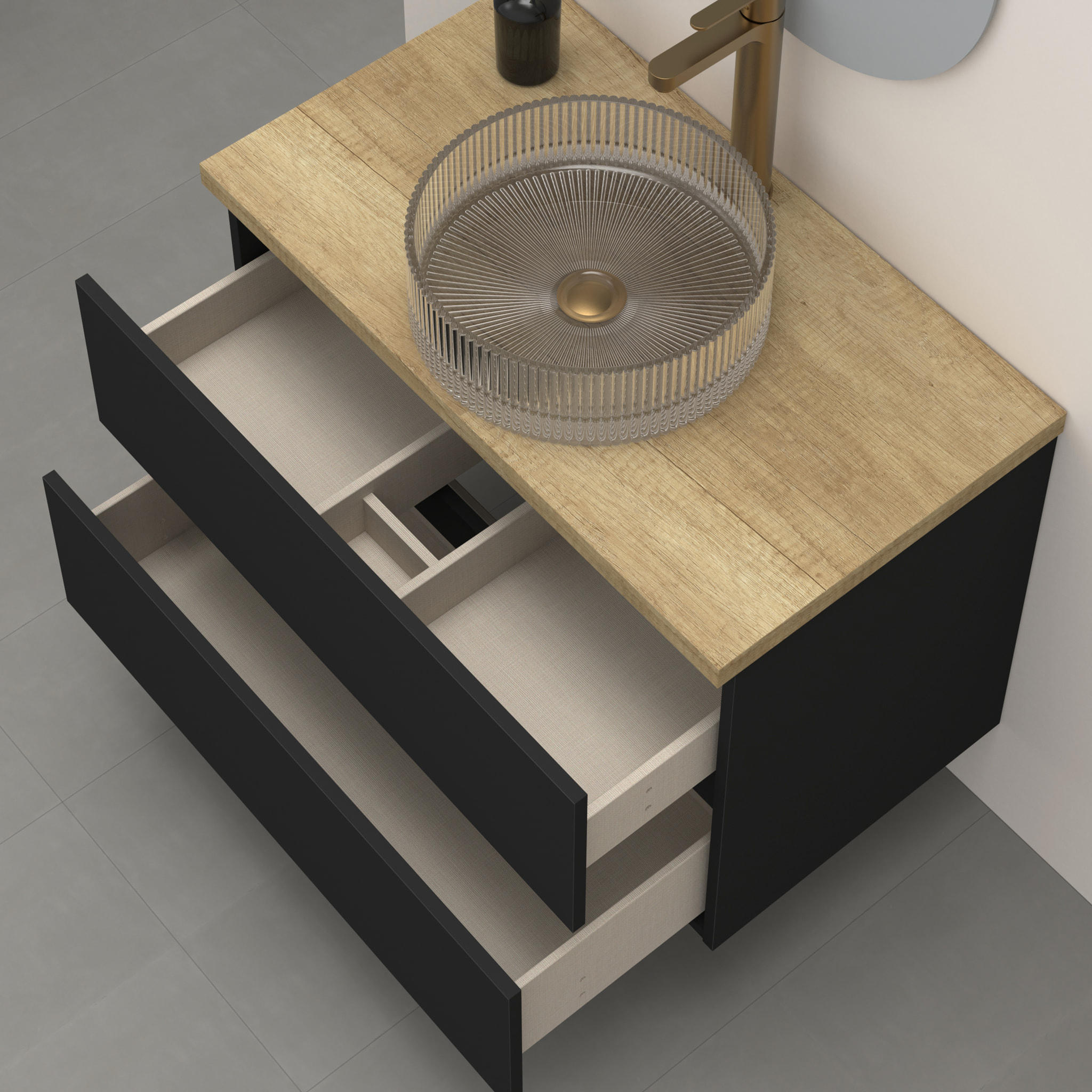 CONJUNTO DE BAÑO KUB | 80 CM NEGRO | DOS CAJONES | LAVABO DE CRISTAL | NO INCLUYE ESPEJO | MUEBLE MONTADO | ALDAY